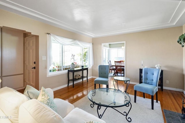 living room with wood finished floors and baseboards