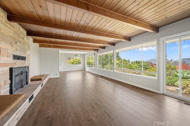 1264 Vista Del Osos, Los Osos, CA 93402 - unfurnished living room featuring dark wood finished floors, beamed ceiling, baseboards, a stone fireplace, and wooden ceiling