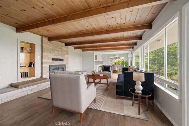 1264 Vista Del Osos, Los Osos, CA 93402 - living room with a stone fireplace, wood finished floors, beam ceiling, and wooden ceiling