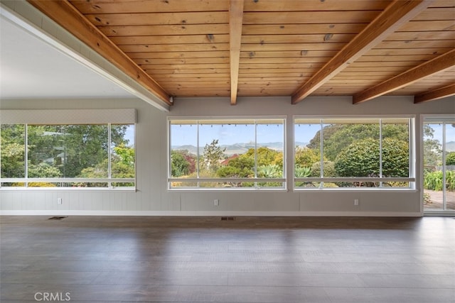 1264 Vista Del Osos, Los Osos, CA 93402 - unfurnished sunroom with beamed ceiling, wood-type flooring, baseboards, plenty of natural light, and wooden ceiling