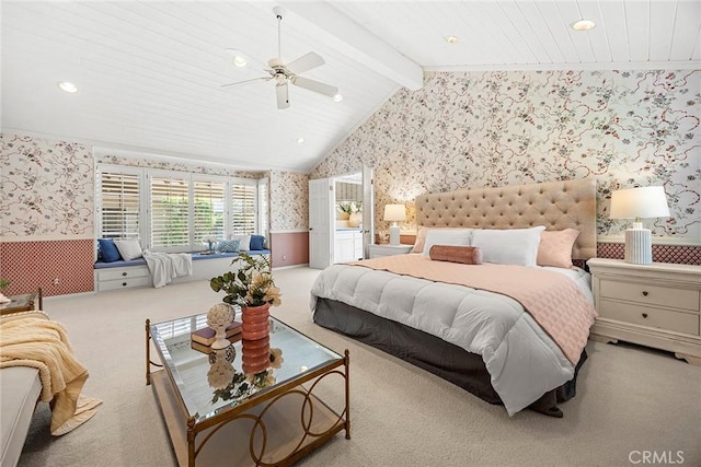 carpeted bedroom with wallpapered walls, wainscoting, recessed lighting, a ceiling fan, and wooden ceiling