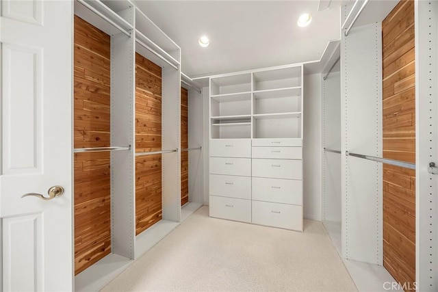 spacious closet featuring light colored carpet