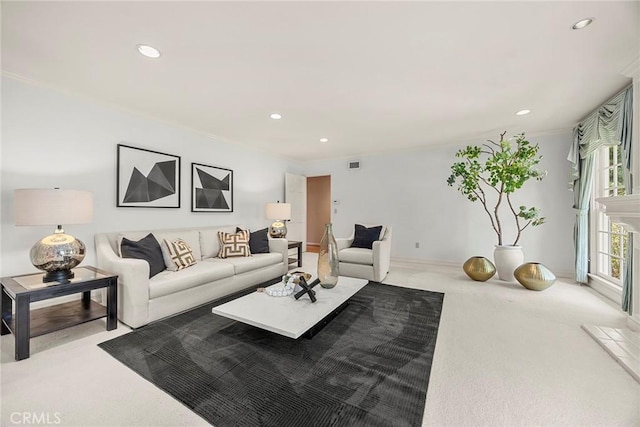 living room with carpet and recessed lighting