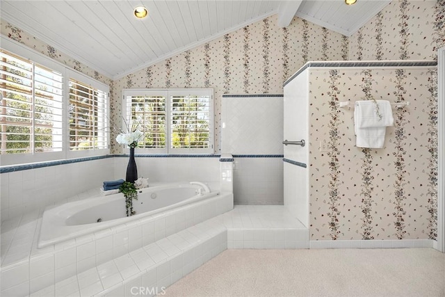 bathroom featuring wallpapered walls, vaulted ceiling, ornamental molding, a garden tub, and recessed lighting
