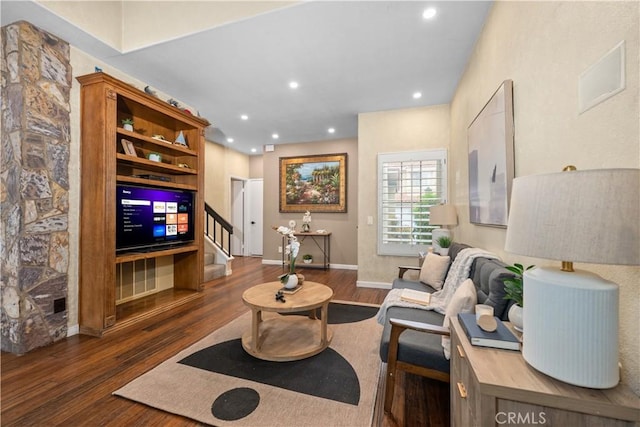 11034 Creekbridge Pl, San Diego, CA 92128 - living area featuring wood finished floors, stairway, recessed lighting, and baseboards