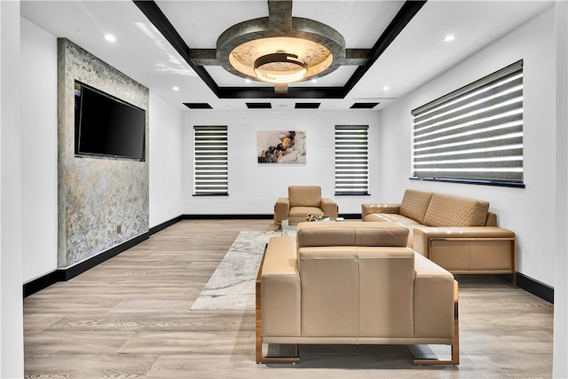 9218 Encino Ave, Northridge, CA 91325 - living room featuring coffered ceiling, baseboards, light wood finished floors, beamed ceiling, and recessed lighting