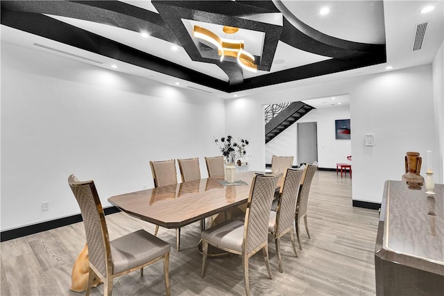 9218 Encino Ave, Northridge, CA 91325 - dining space featuring stairway, light wood finished floors, recessed lighting, a raised ceiling, and baseboards