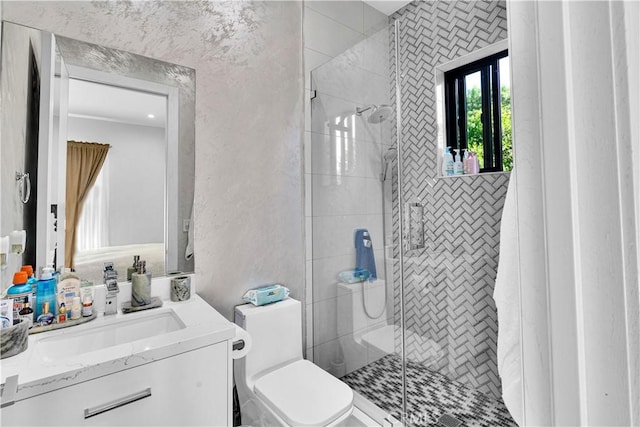 9218 Encino Ave, Northridge, CA 91325 - bathroom featuring a shower stall, toilet, vanity, and a textured wall