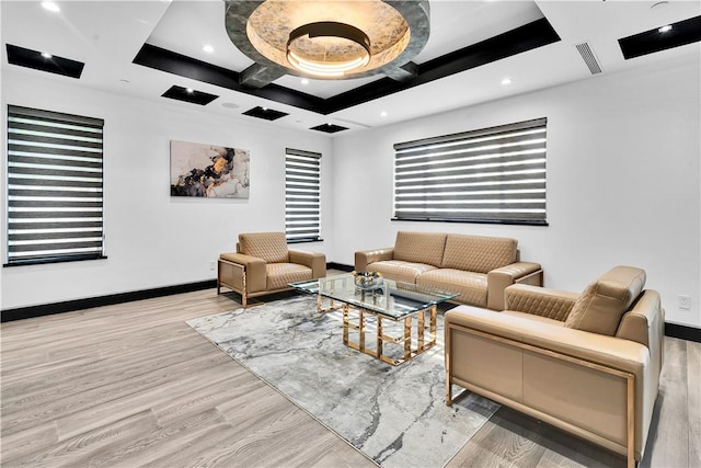 9218 Encino Ave, Northridge, CA 91325 - living room featuring coffered ceiling, wood finished floors, baseboards, beam ceiling, and recessed lighting