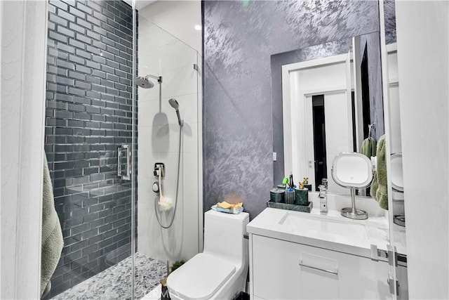 9218 Encino Ave, Northridge, CA 91325 - bathroom featuring a stall shower, a textured wall, toilet, and vanity