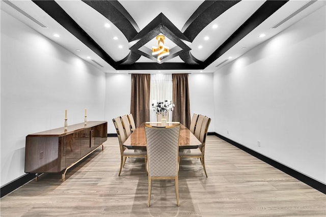9218 Encino Ave, Northridge, CA 91325 - dining room featuring recessed lighting, baseboards, light wood-type flooring, beamed ceiling, and coffered ceiling