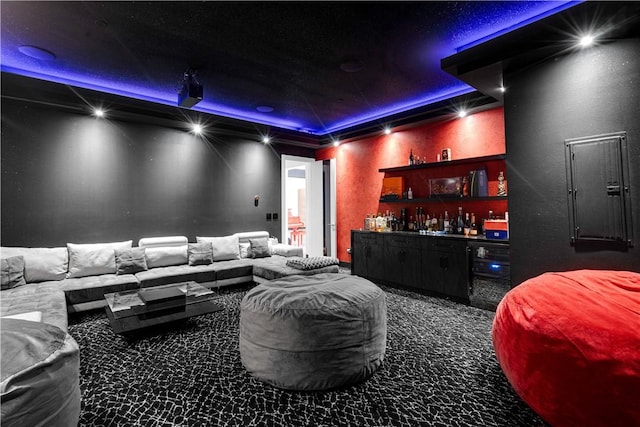 9218 Encino Ave, Northridge, CA 91325 - home theater room with a dry bar and carpet floors