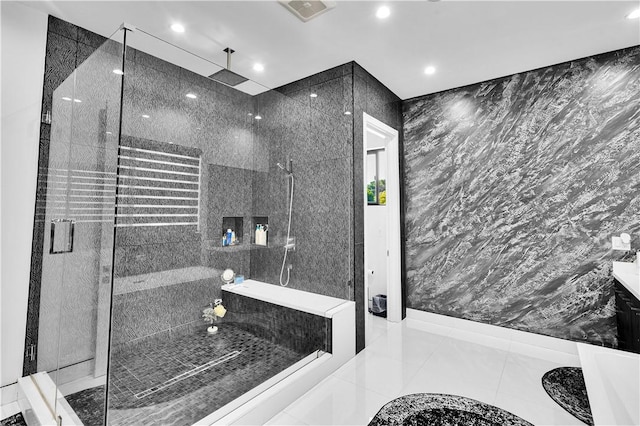 9218 Encino Ave, Northridge, CA 91325 - full bathroom featuring walk in shower, recessed lighting, and tile patterned flooring