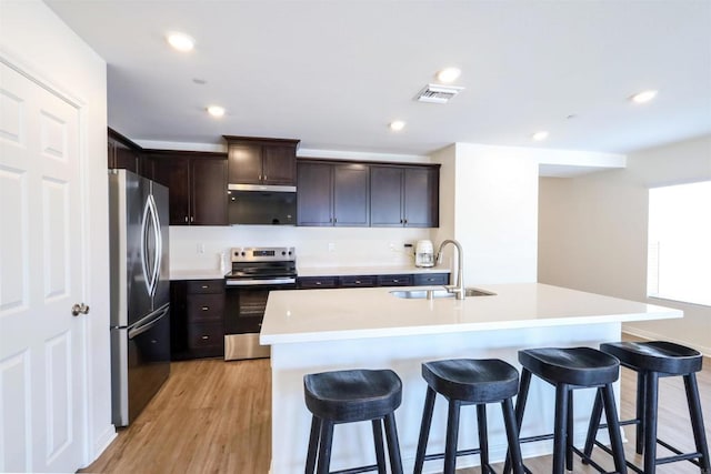 25601 Pine Ridge Rd, Homeland, CA 92548 - kitchen featuring appliances with stainless steel finishes, a sink, a kitchen bar, dark brown cabinets, and an island with sink