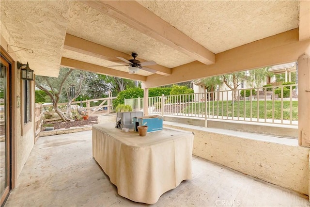 view of patio featuring fence and a ceiling fan