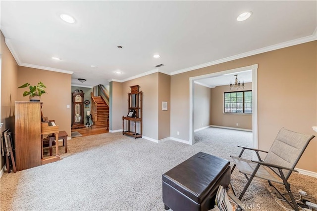 living area with light colored carpet, recessed lighting, baseboards, ornamental molding, and stairway