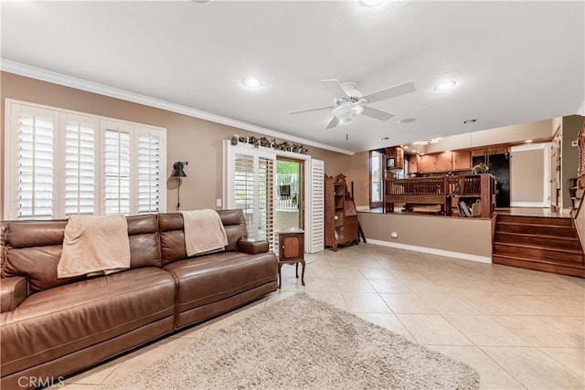 living room with crown molding, a ceiling fan, light tile patterned floors, stairway, and recessed lighting