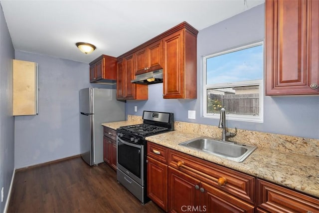4731-33 Austin Dr, San Diego, CA 92115 - kitchen with appliances with stainless steel finishes, under cabinet range hood, a sink, dark wood-type flooring, and baseboards