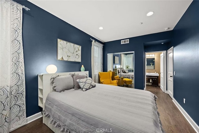 128 N Allen Ave Unit 1, Pasadena, CA 91106 - bedroom with dark wood-type flooring, baseboards, recessed lighting, and ensuite bathroom
