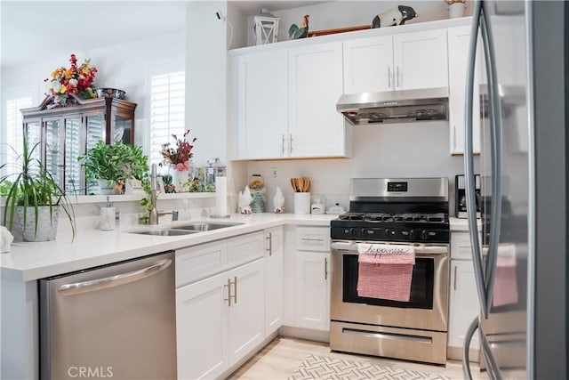 kitchen with stainless steel appliances, under cabinet range hood, plenty of natural light, and a sink