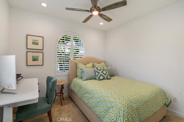 carpeted bedroom with recessed lighting, a desk, ceiling fan, and baseboards