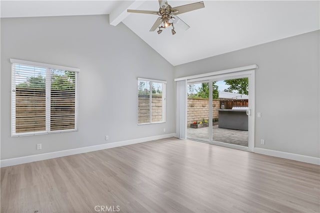 21391 Brandy Wine Ln, Lake Forest, CA 92630 - empty room featuring beamed ceiling, a ceiling fan, high vaulted ceiling, light wood finished floors, and baseboards