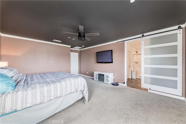 29652 Falcon Hill Dr, Menifee, CA 92584 - bedroom featuring a barn door, carpet, ornamental molding, baseboards, and ceiling fan