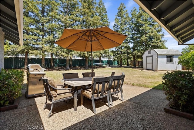9 Benton Ave, Chico, CA 95973 - view of patio with outdoor dining area, area for grilling, an outdoor structure, and a shed