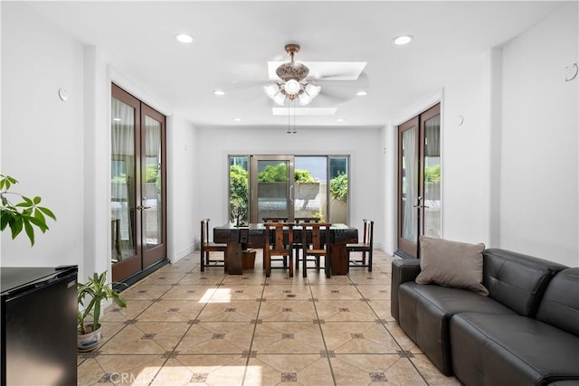 6829 Birmingham Dr, Chino, CA 91710 - living room featuring a ceiling fan, light tile patterned floors, recessed lighting, and baseboards