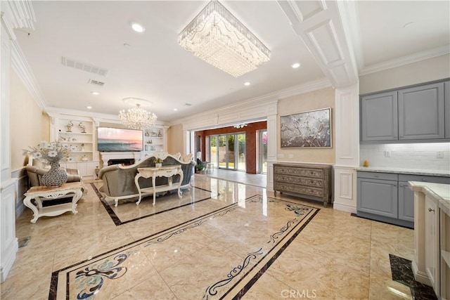 6829 Birmingham Dr, Chino, CA 91710 - kitchen featuring gray cabinets, a chandelier, light marble finish floors, open floor plan, and ornamental molding