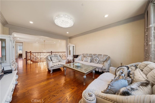 6829 Birmingham Dr, Chino, CA 91710 - living room with a chandelier, crown molding, wood finished floors, and recessed lighting