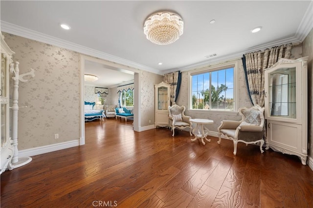 6829 Birmingham Dr, Chino, CA 91710 - living area featuring crown molding, wood finished floors, wallpapered walls, baseboards, and recessed lighting
