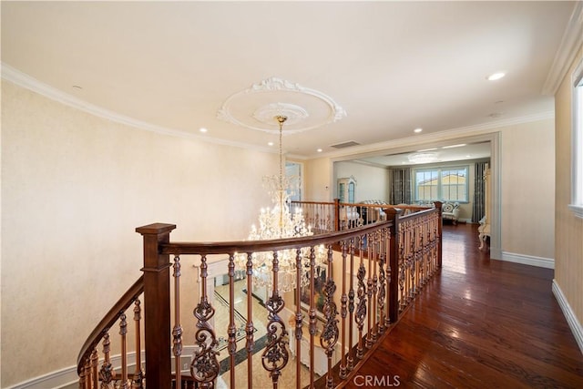 6829 Birmingham Dr, Chino, CA 91710 - hallway with an upstairs landing, a chandelier, wood finished floors, baseboards, and recessed lighting