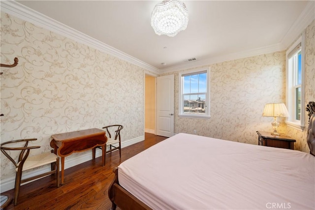 6829 Birmingham Dr, Chino, CA 91710 - bedroom featuring multiple windows, dark wood-style floors, ornamental molding, a chandelier, and wallpapered walls