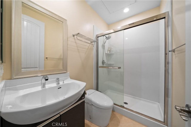 6829 Birmingham Dr, Chino, CA 91710 - bathroom featuring a shower stall, toilet, and vanity