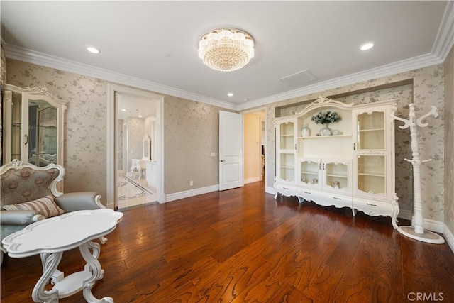 6829 Birmingham Dr, Chino, CA 91710 - sitting room with wallpapered walls, wood finished floors, crown molding, a chandelier, and recessed lighting