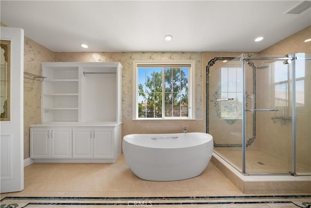 6829 Birmingham Dr, Chino, CA 91710 - bathroom with a stall shower, tile patterned floors, a soaking tub, wallpapered walls, and recessed lighting