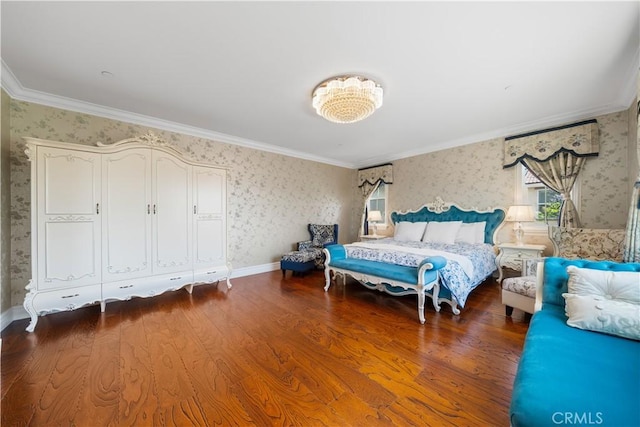 6829 Birmingham Dr, Chino, CA 91710 - bedroom featuring wallpapered walls, ornamental molding, wood finished floors, and baseboards