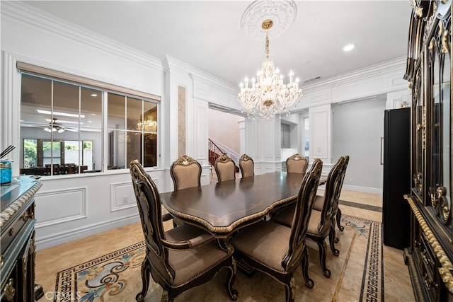 6829 Birmingham Dr, Chino, CA 91710 - dining area with a chandelier, crown molding, a decorative wall, and inlaid floor details