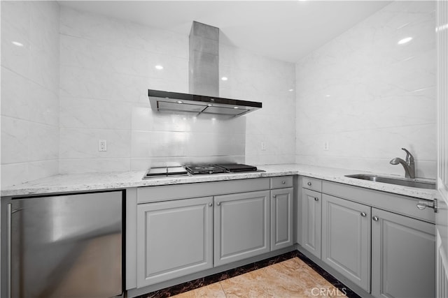 6829 Birmingham Dr, Chino, CA 91710 - kitchen with extractor fan, a sink, gray cabinets, fridge, and tile walls