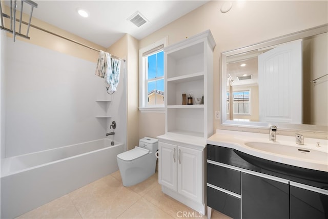 6829 Birmingham Dr, Chino, CA 91710 - full bath with toilet, shower / tub combo with curtain, tile patterned floors, vanity, and recessed lighting