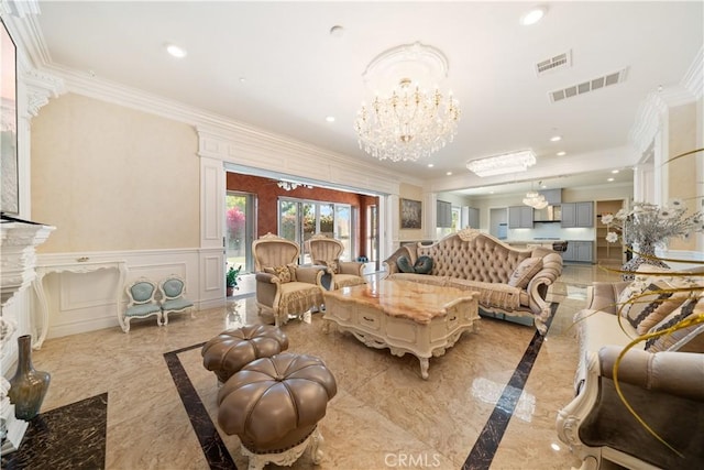 6829 Birmingham Dr, Chino, CA 91710 - living room featuring inlaid floor details, light marble finish floors, a chandelier, ornamental molding, and recessed lighting