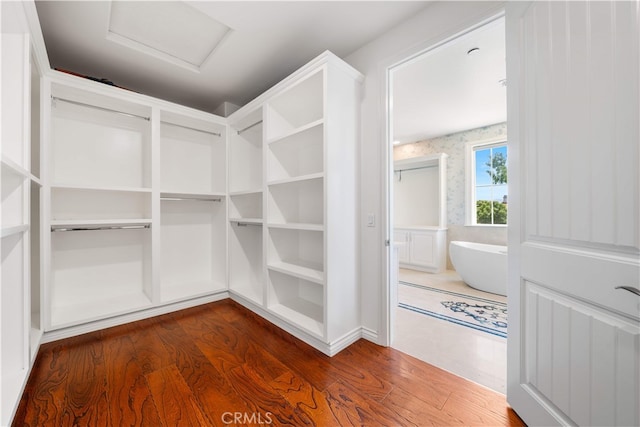 6829 Birmingham Dr, Chino, CA 91710 - walk in closet with attic access and dark wood-style floors