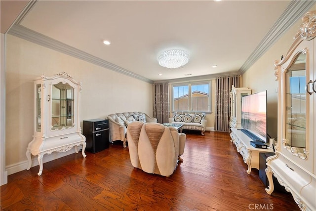 6829 Birmingham Dr, Chino, CA 91710 - living area featuring ornamental molding, wood finished floors, and baseboards