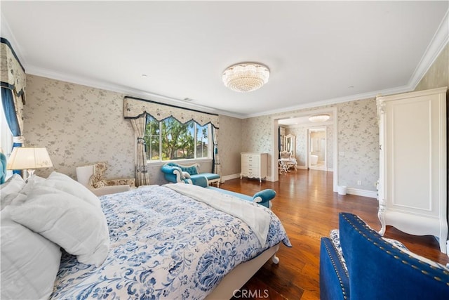 6829 Birmingham Dr, Chino, CA 91710 - bedroom with wallpapered walls, wood finished floors, and ornamental molding