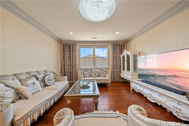 6829 Birmingham Dr, Chino, CA 91710 - living area featuring ornamental molding, a chandelier, and wood finished floors