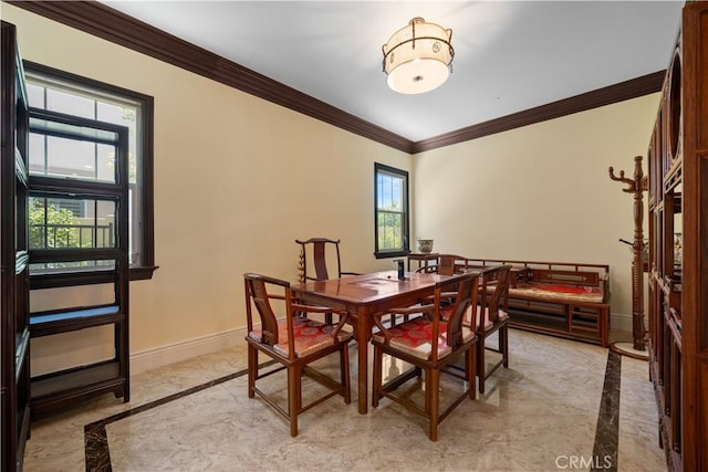 6829 Birmingham Dr, Chino, CA 91710 - dining area featuring inlaid floor details, light marble finish floors, ornamental molding, and baseboards