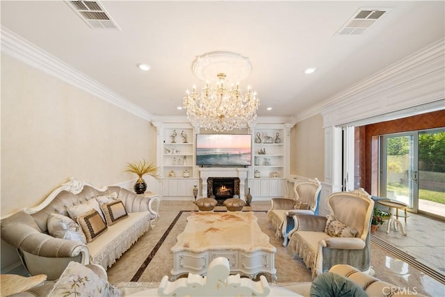 6829 Birmingham Dr, Chino, CA 91710 - living area featuring ornamental molding, built in features, a chandelier, recessed lighting, and a warm lit fireplace