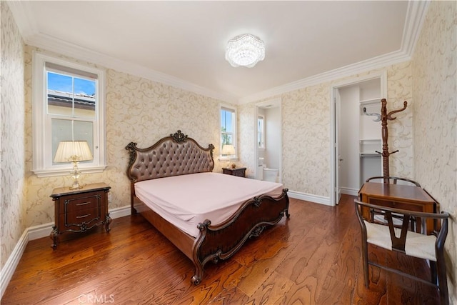 6829 Birmingham Dr, Chino, CA 91710 - bedroom featuring wood finished floors, crown molding, wallpapered walls, and baseboards