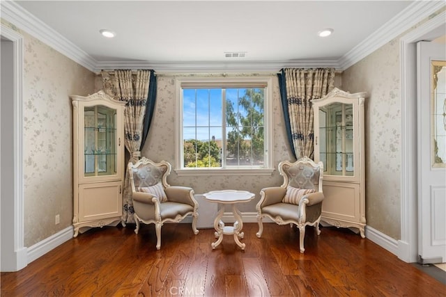 6829 Birmingham Dr, Chino, CA 91710 - living area featuring wood finished floors, wallpapered walls, crown molding, and baseboards